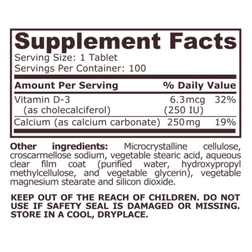 PURE NUTRITION - CALCIUM 250 WITH VITAMIN D, 100 Tablets - 2